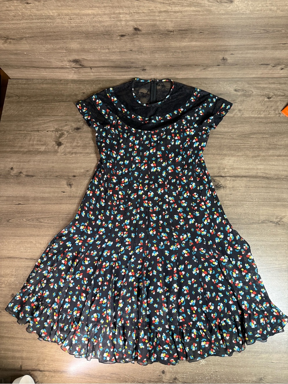 Rickie Freeman Teri Jon Dress Womens 10 Black Floral Lace Midi Fit Flare Ruffle